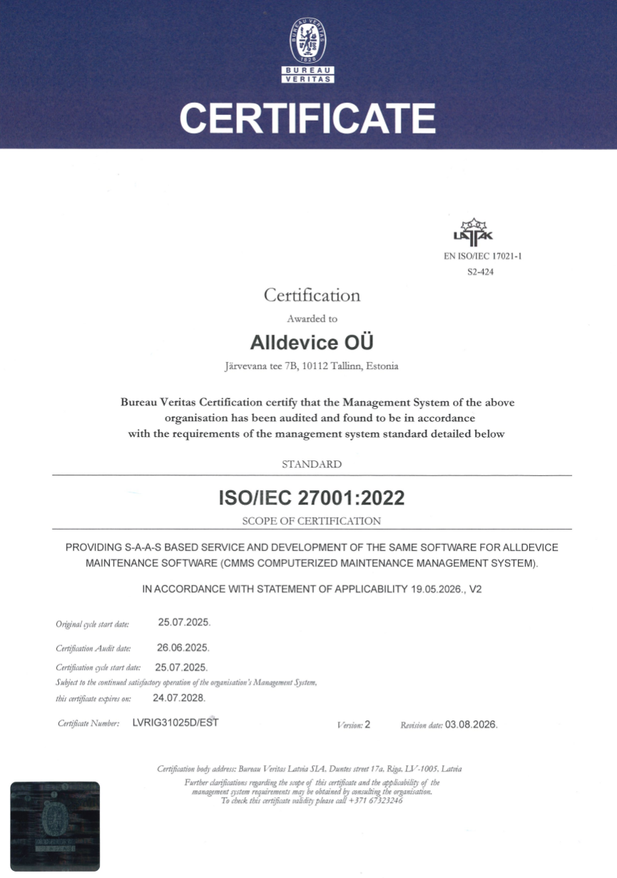 ISO 27001 certificate Alldevice 2026